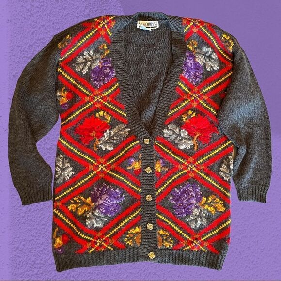 Vintage wool blend oversized knit cardigan plaid floral textured - Picture 8 of 13